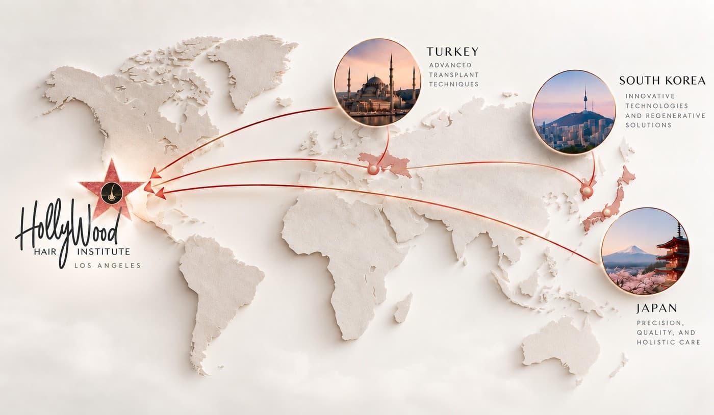 World map showing Hollywood Hair Institute's research in Turkey, South Korea, and Japan, brought home to Los Angeles
