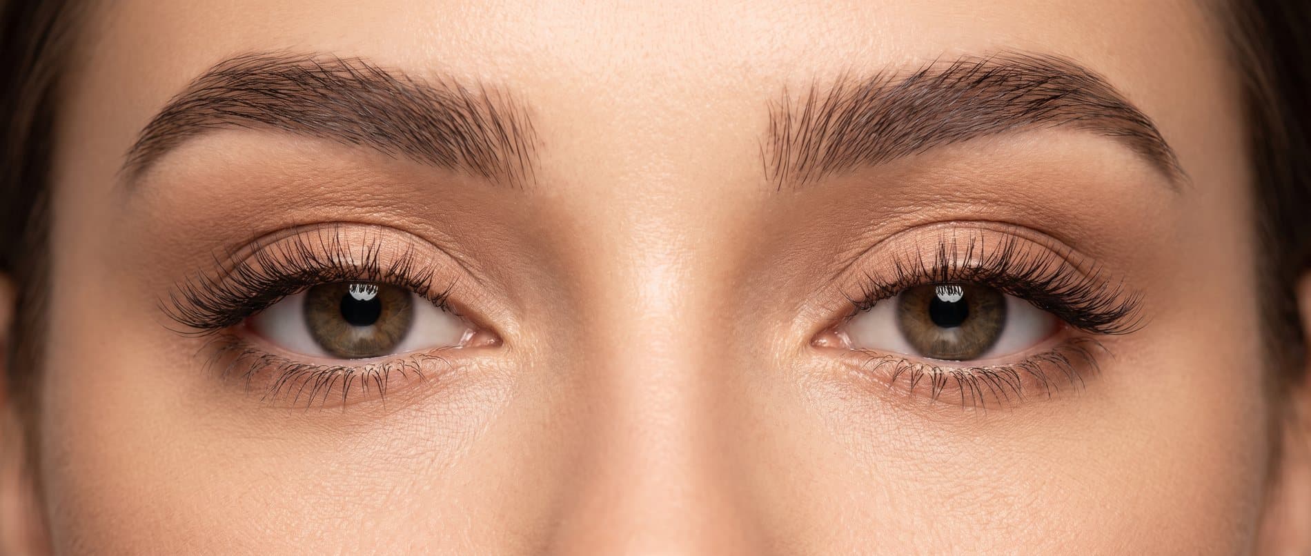 Close-up of both eyes with full, well-groomed eyebrows and lush eyelashes