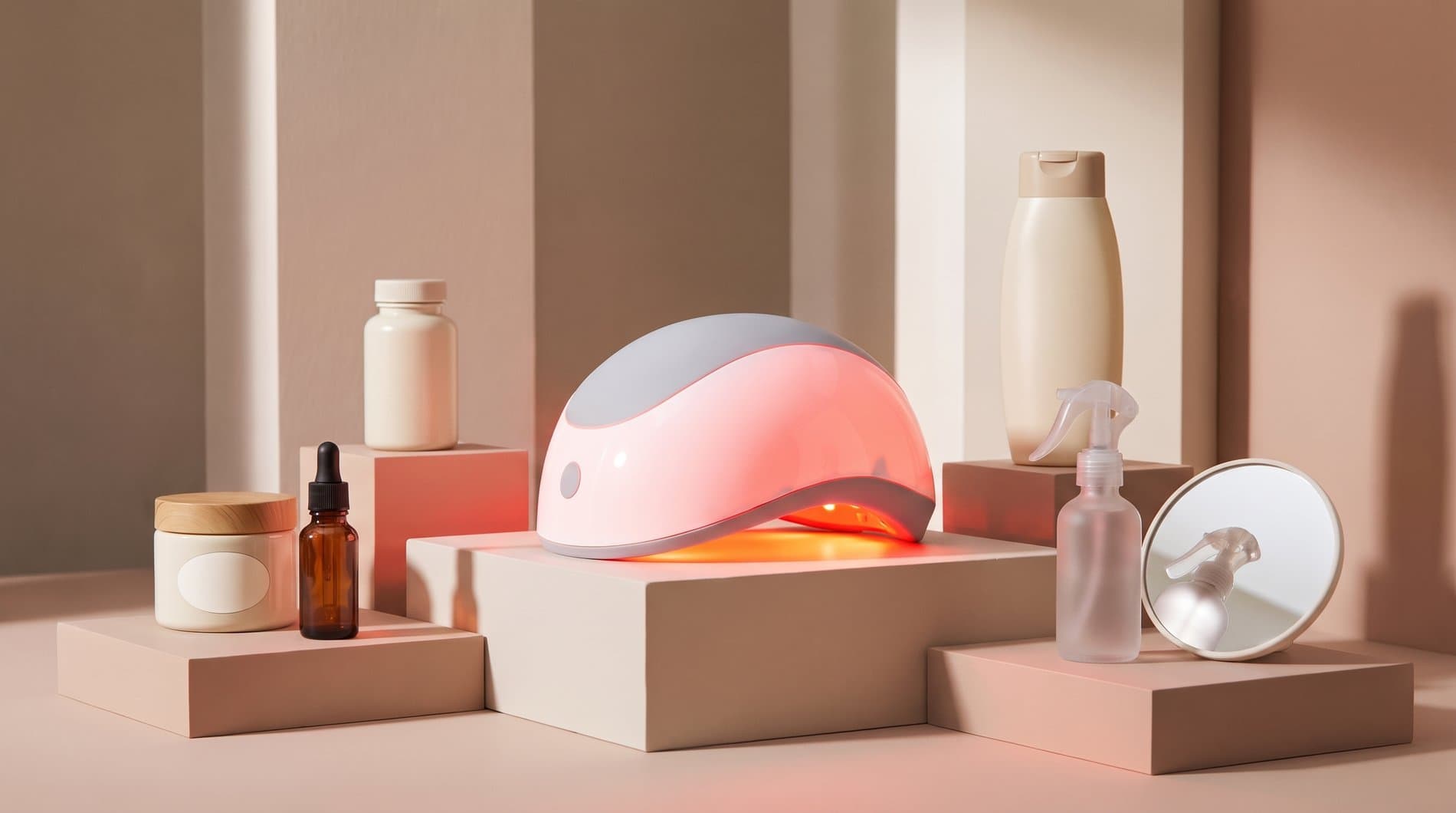 An assortment of HHI hair and scalp care products, including a red light therapy cap, displayed on geometric risers